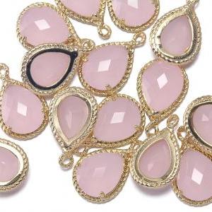 Ice Pink Glass Pendant . 16k Polished Gold Plated..
