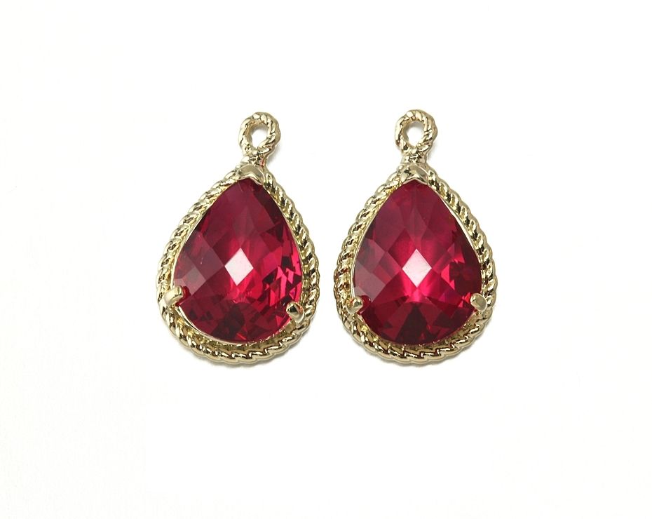 Ruby Glass Pendant . 16k Polished Gold Plated Over Brass Frame / 2 Pcs - Cg001-pg-rb