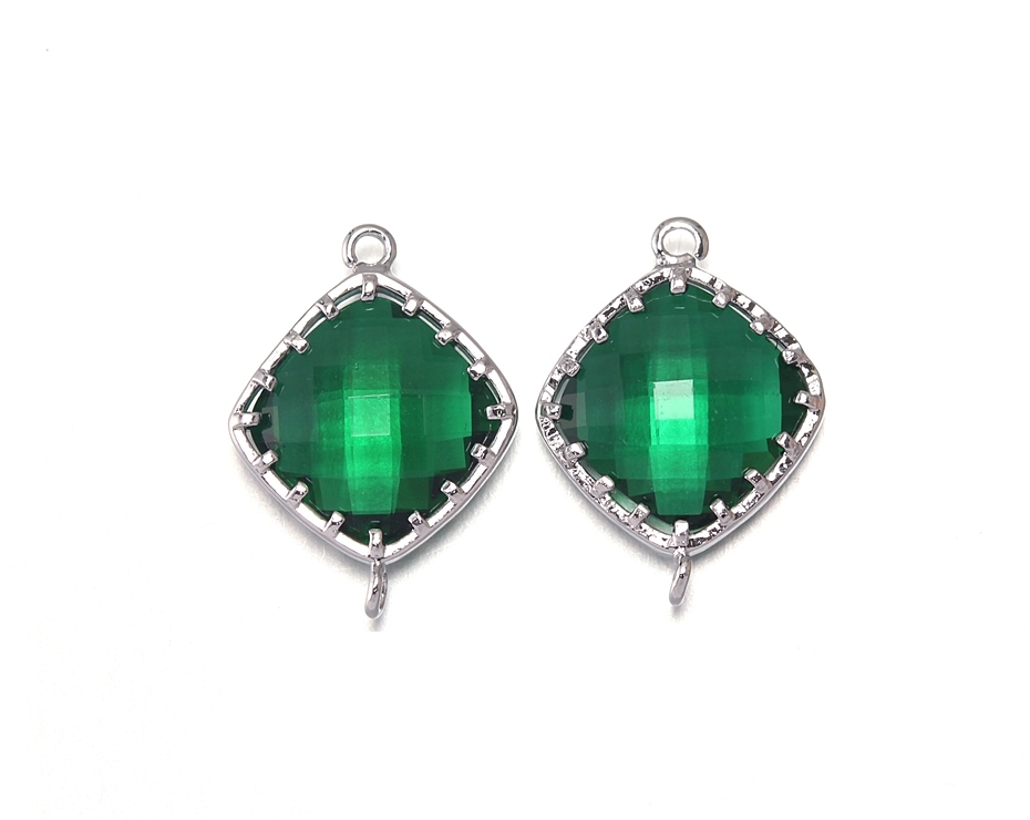 Emerald Glass Connector. Polished Original Rhodium Plated / 2 Pcs - Cg003-pr-em