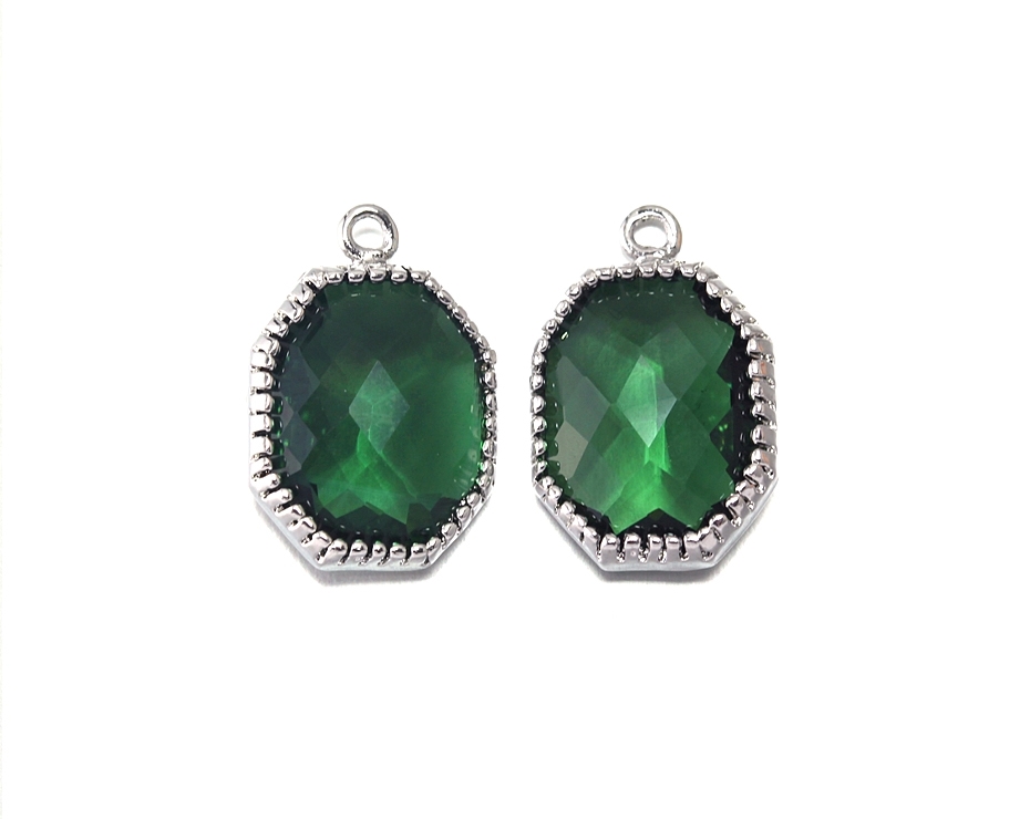 Emerald Glass Pendant . Polished Original Rhodium Plated / 2 Pcs - Cg006-pr-em