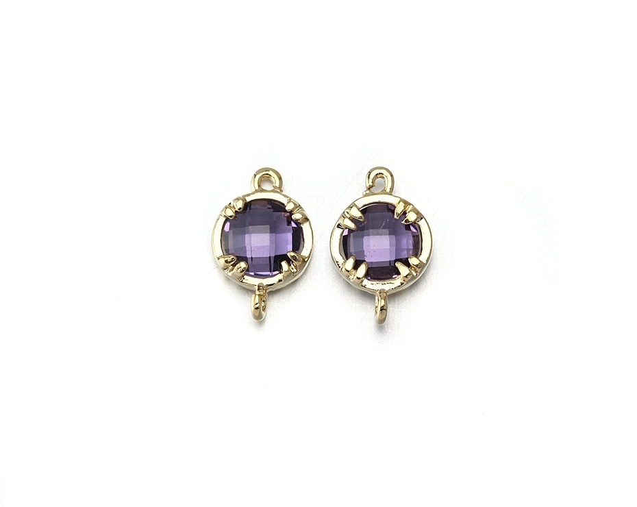 Amethyst Glass Connector. 16k Polished Gold Plated / 2 Pcs - Cg009-pg-am