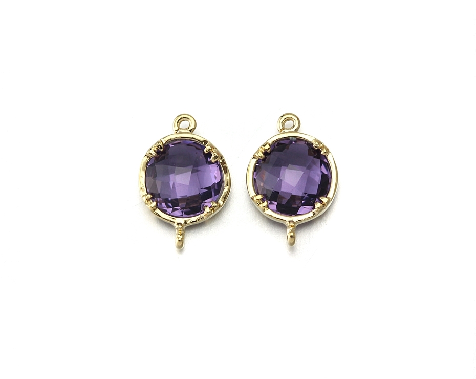 Amethyst Glass Connector. 16k Polished Gold Plated / 2 Pcs - Cg010-pg-am