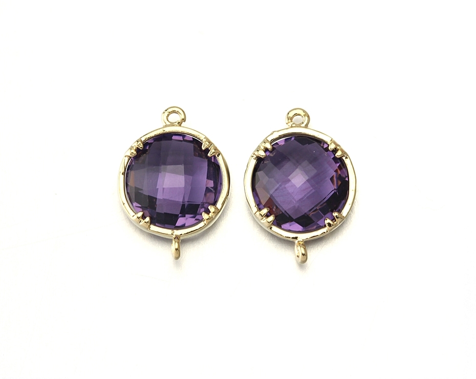 Amethyst Glass Connector. 16k Polished Gold Plated / 2 Pcs - Cg011-pg-am