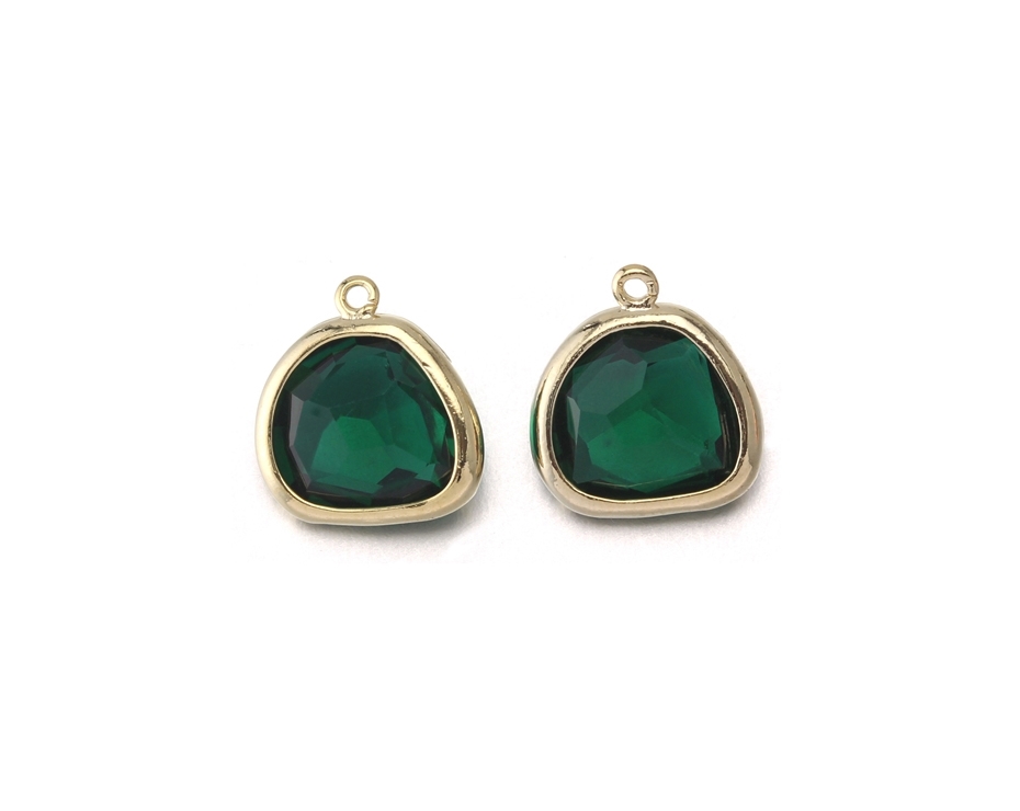 Emerald Glass Pendant . 16k Polished Gold Plated / 2 Pcs - Cg020-pg-em