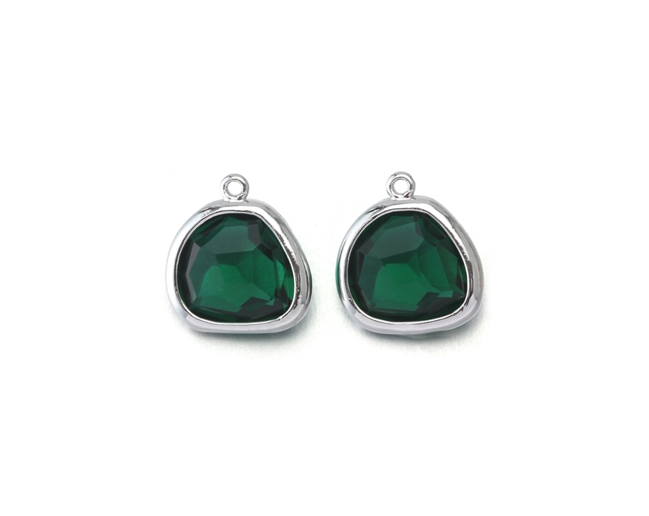 Emerald Glass Pendant . Polished Original Rhodium Plated / 2 Pcs - Cg020-pr-em