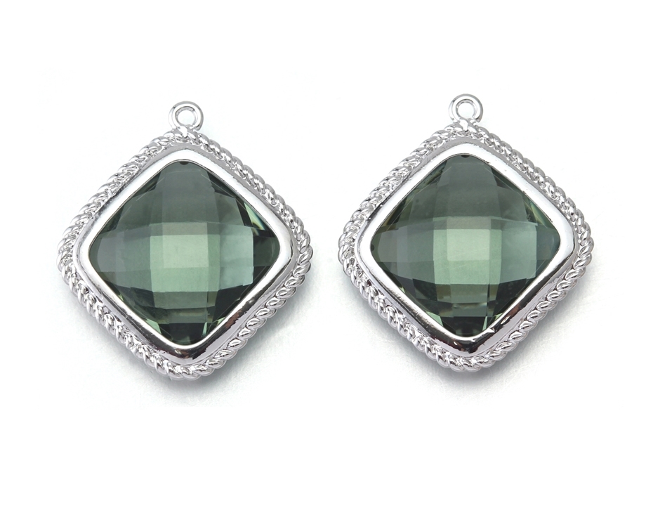 Black Diamond Glass Pendant . Polished Original Rhodium Plated / 2 Pcs - Cg025-pr-bd